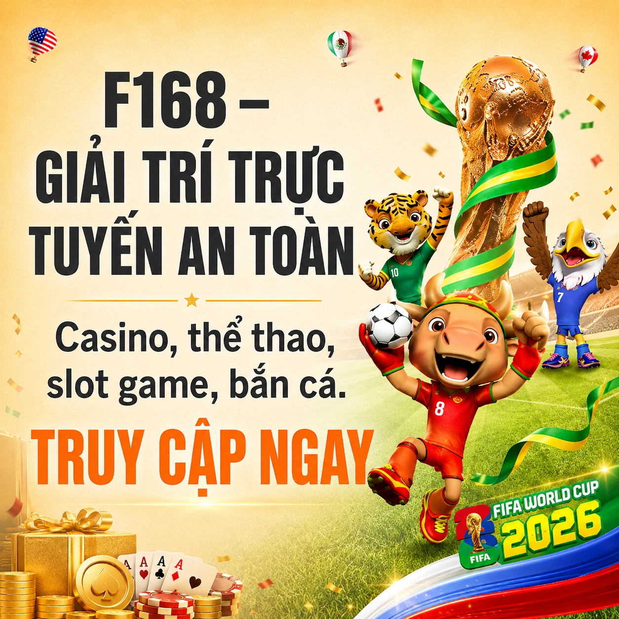 Banner vuông F168 quảng bá casino, thể thao, slot game và bắn cá trên nền tảng giải trí trực tuyến